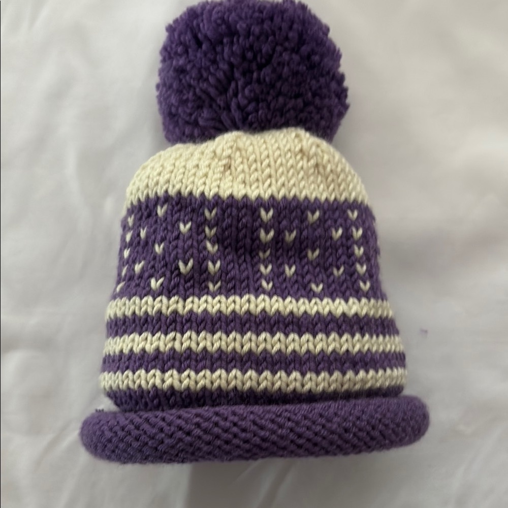 New Cozy hand Knit Purple and Cream Knit Pom-Pom Beanie for Babies